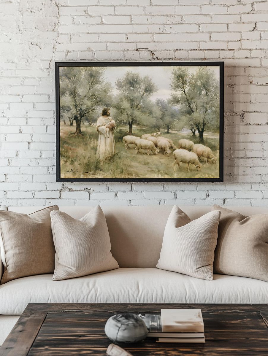 Shepherd and Sheep Pastoral Print. room preview