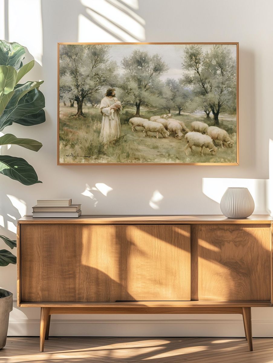 Shepherd and Sheep Pastoral Print. — room view 3