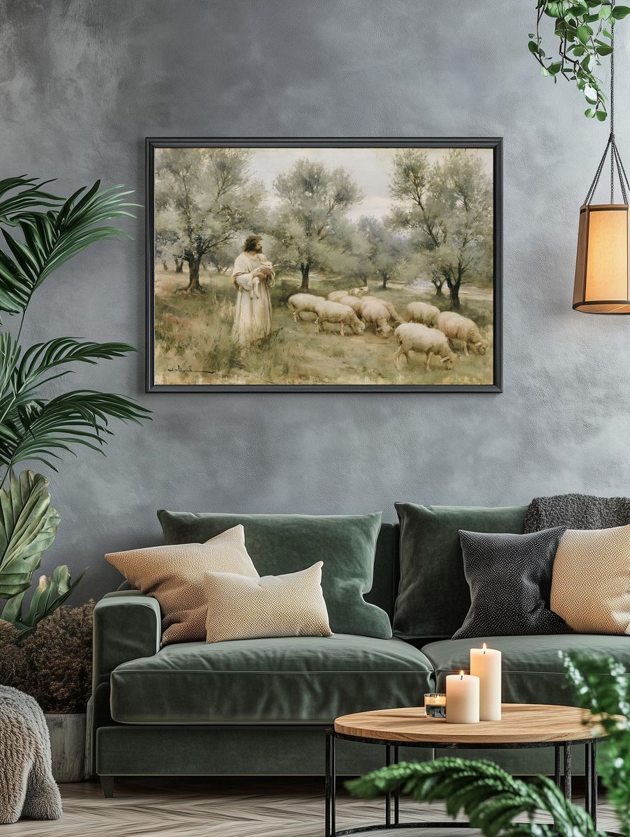 Shepherd and Sheep Pastoral Print. — room view 4