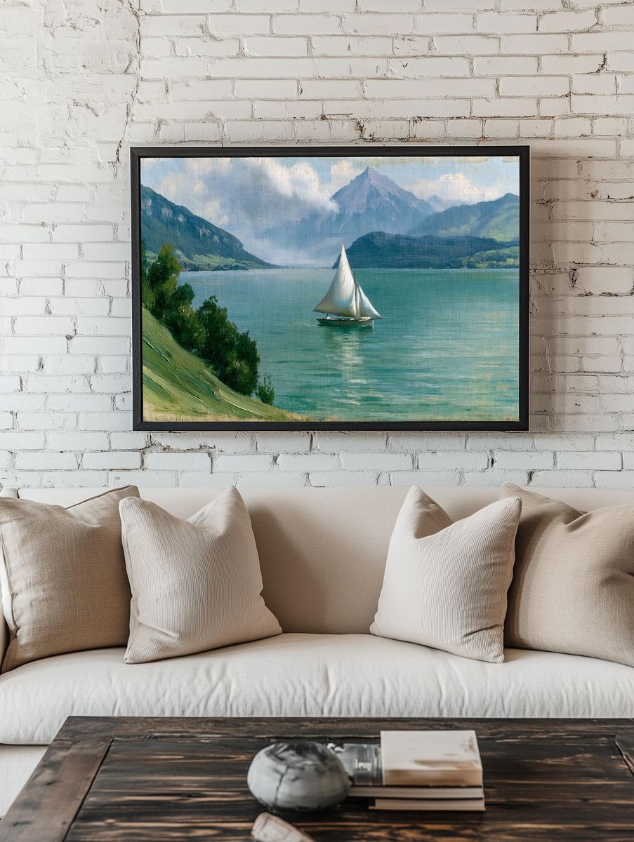 Lake Sailboat Landscape Print. — room view 1