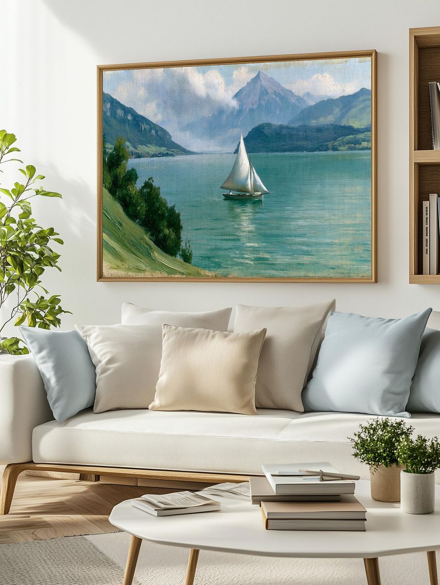 Lake Sailboat Landscape Print. — room view 2