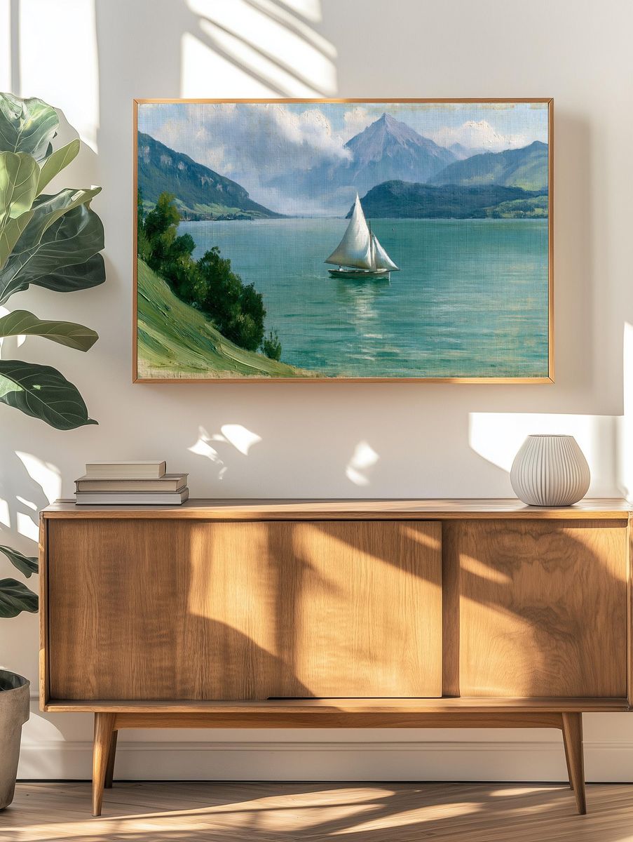 Lake Sailboat Landscape Print. — room view 3
