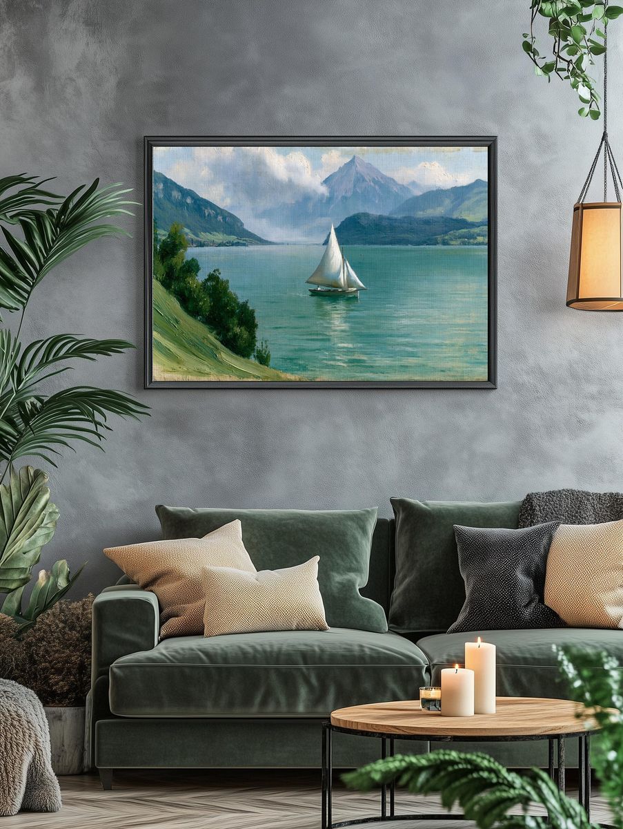 Lake Sailboat Landscape Print. — room view 4