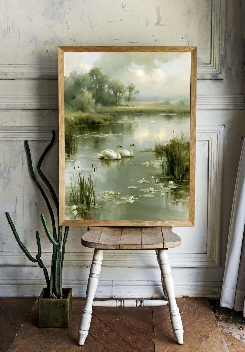Swans on a Misty Lake Print. room preview