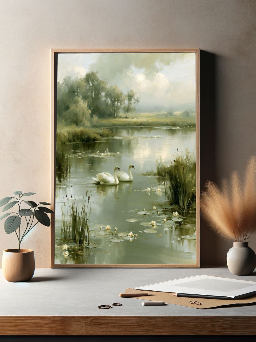 Swans on a Misty Lake Print. — room view 2