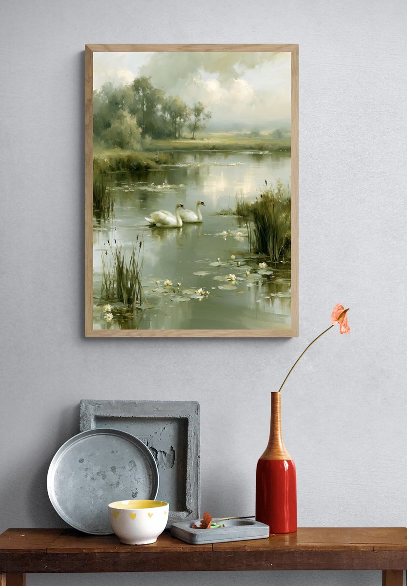 Swans on a Misty Lake Print. — room view 3