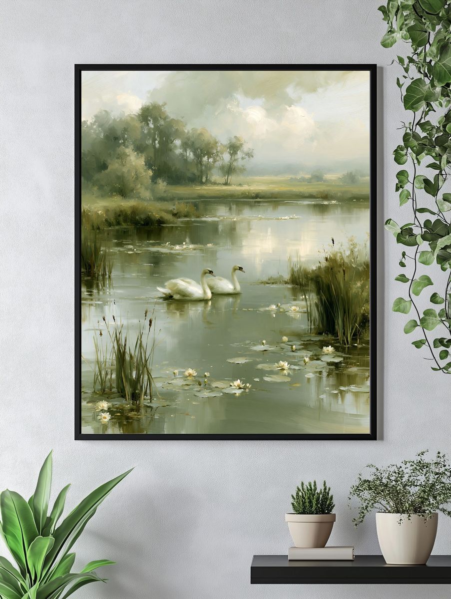 Swans on a Misty Lake Print. — room view 4