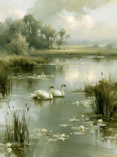 Swans on a Misty Lake Print.