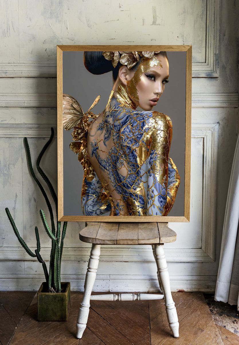 Golden Butterfly Portrait Print. room preview