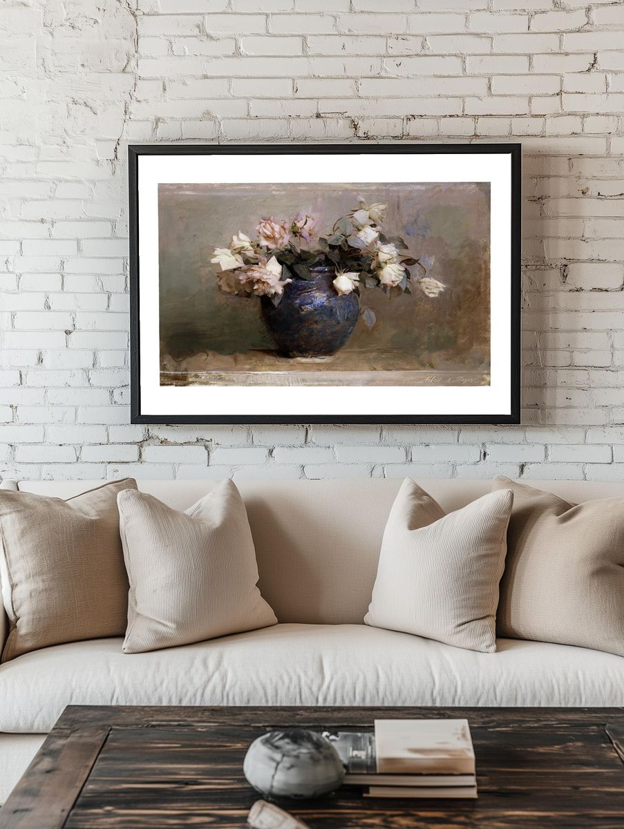 Roses in Blue Vase — Fine Art Print. — room view 1