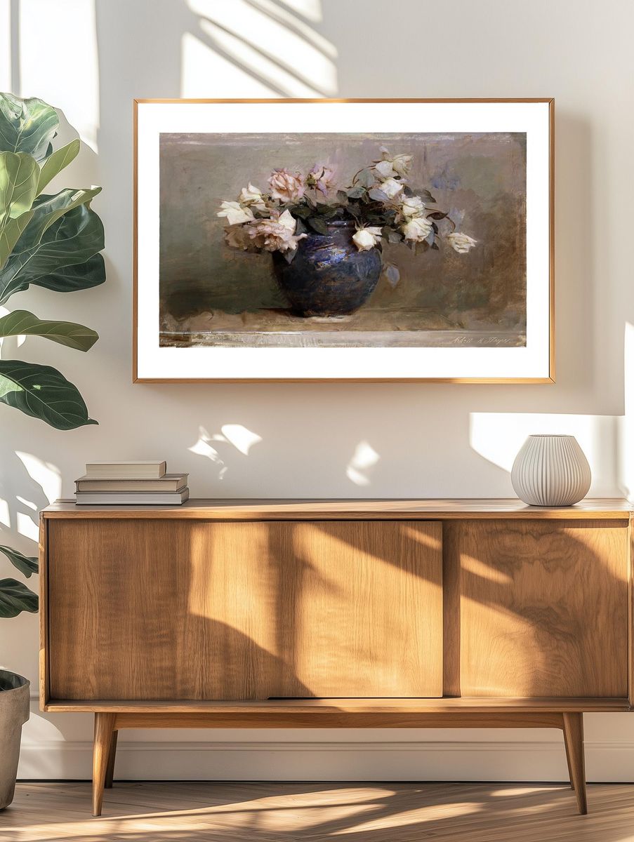 Roses in Blue Vase — Fine Art Print. — room view 3
