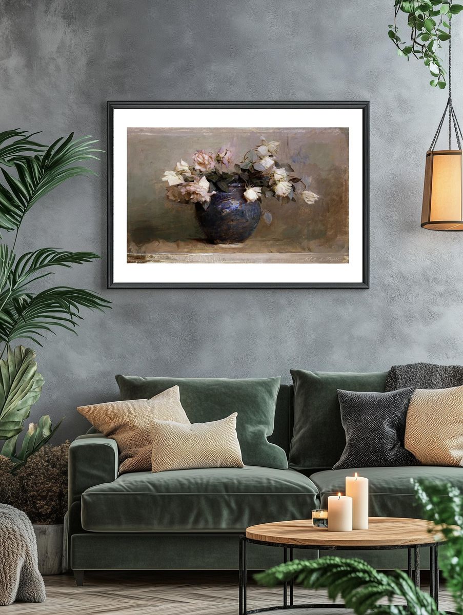 Roses in Blue Vase — Fine Art Print. — room view 4