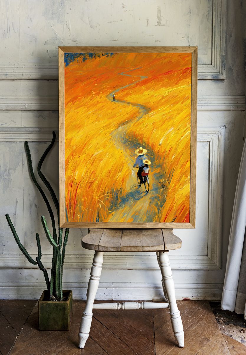 Golden Field Cyclists Fine-Art Poster. room preview
