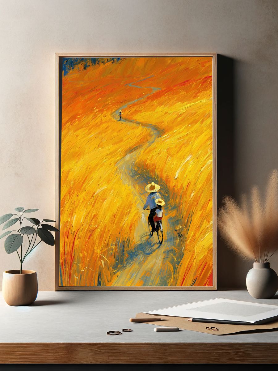 Golden Field Cyclists Fine-Art Poster. — room view 2