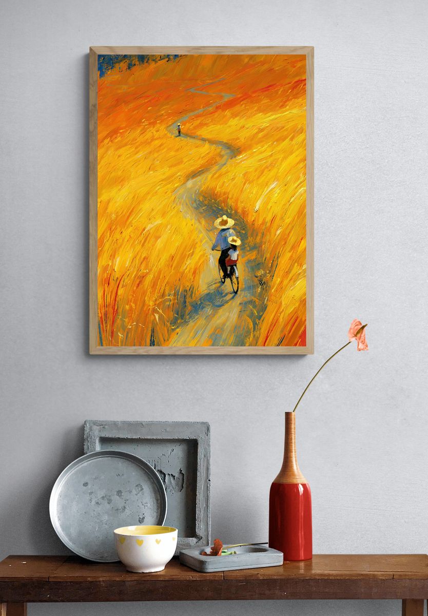 Golden Field Cyclists Fine-Art Poster. — room view 3