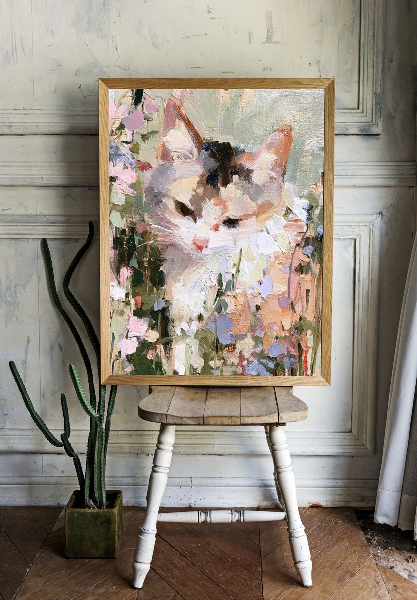 Pastel Cat in Flowers Print. room preview