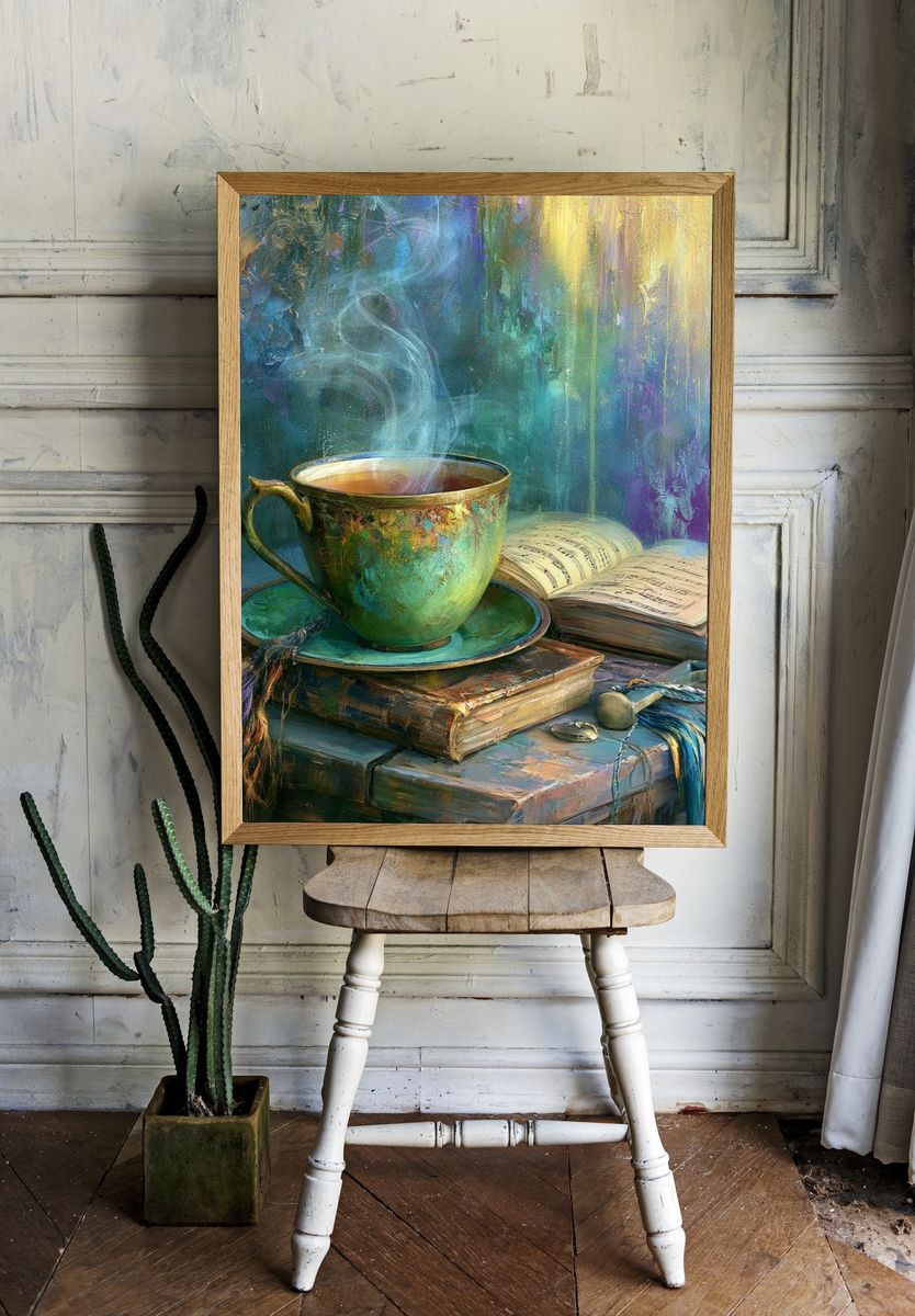 Steaming Teacup Still Life Print. room preview
