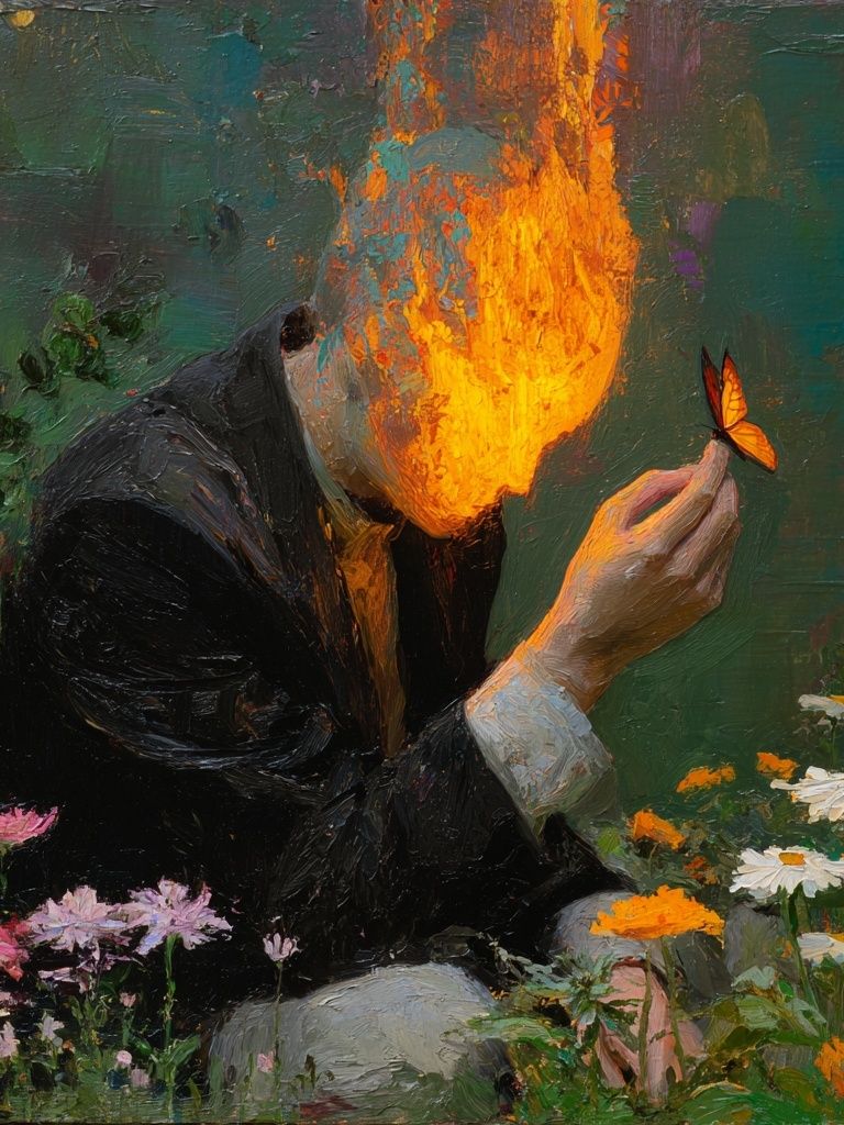 Burning Head with Butterfly — Fine Art Print. poster detail