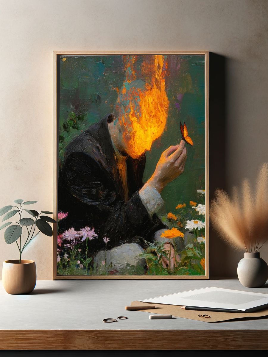 Burning Head with Butterfly — Fine Art Print. — room view 2
