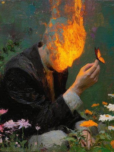 Burning Head with Butterfly — Fine Art Print. poster print