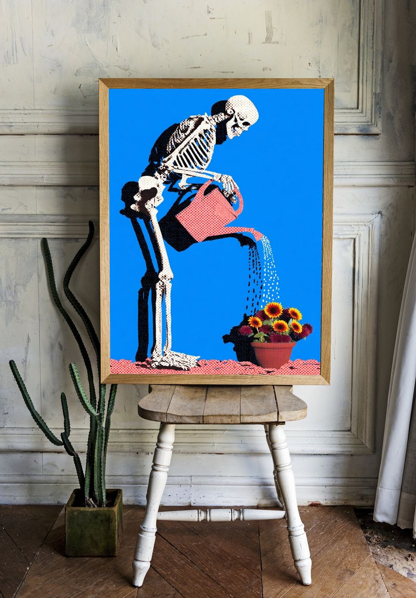 Skeleton Watering Flowers Pop-Art Poster. — room view 1