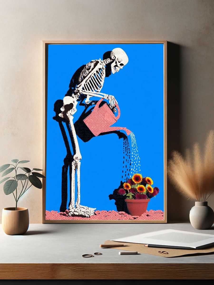 Skeleton Watering Flowers Pop-Art Poster. — room view 2