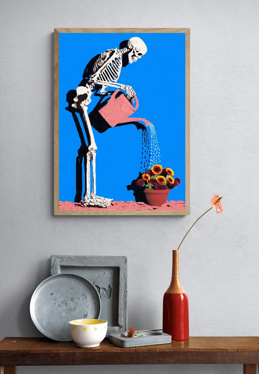 Skeleton Watering Flowers Pop-Art Poster. — room view 3