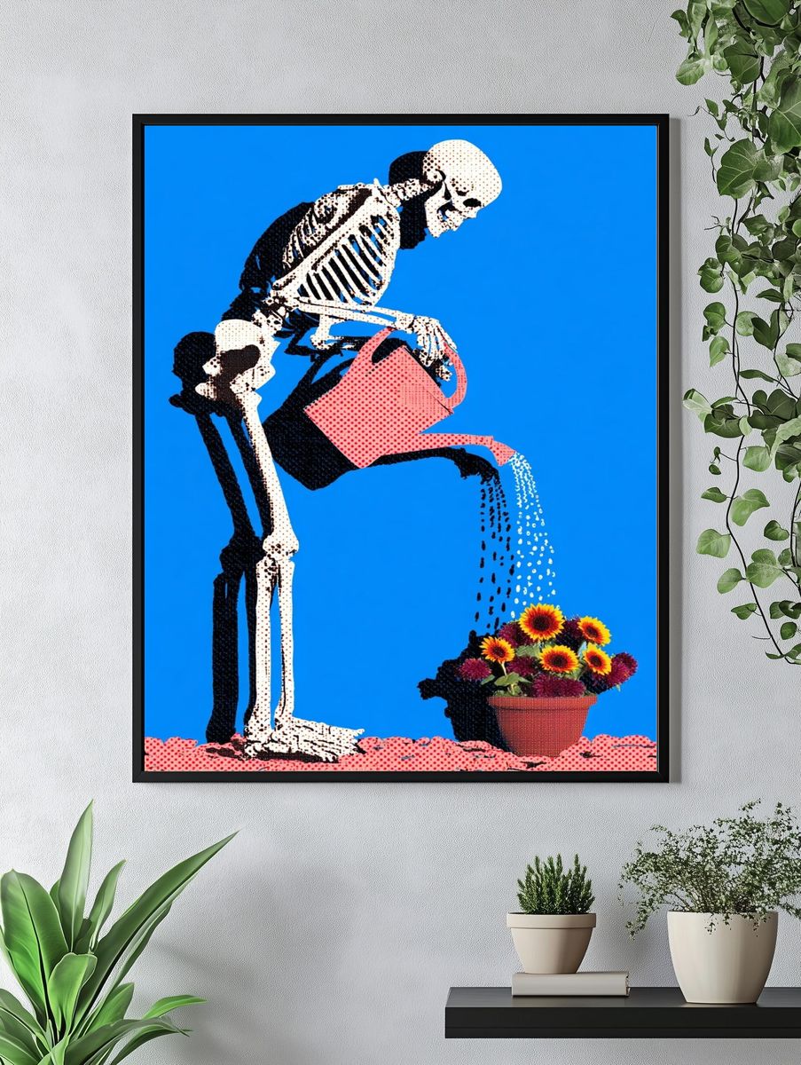 Skeleton Watering Flowers Pop-Art Poster. — room view 4