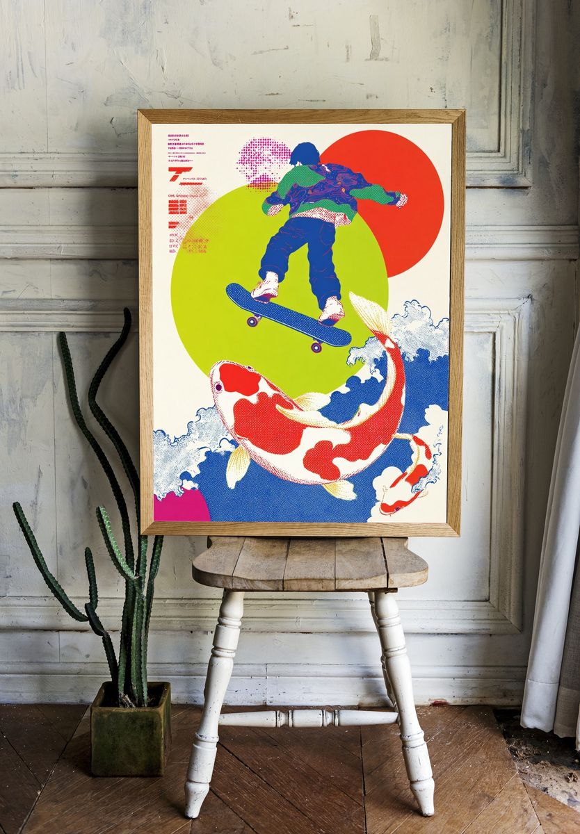 Skateboard and Koi Pop Art Poster. — room view 1