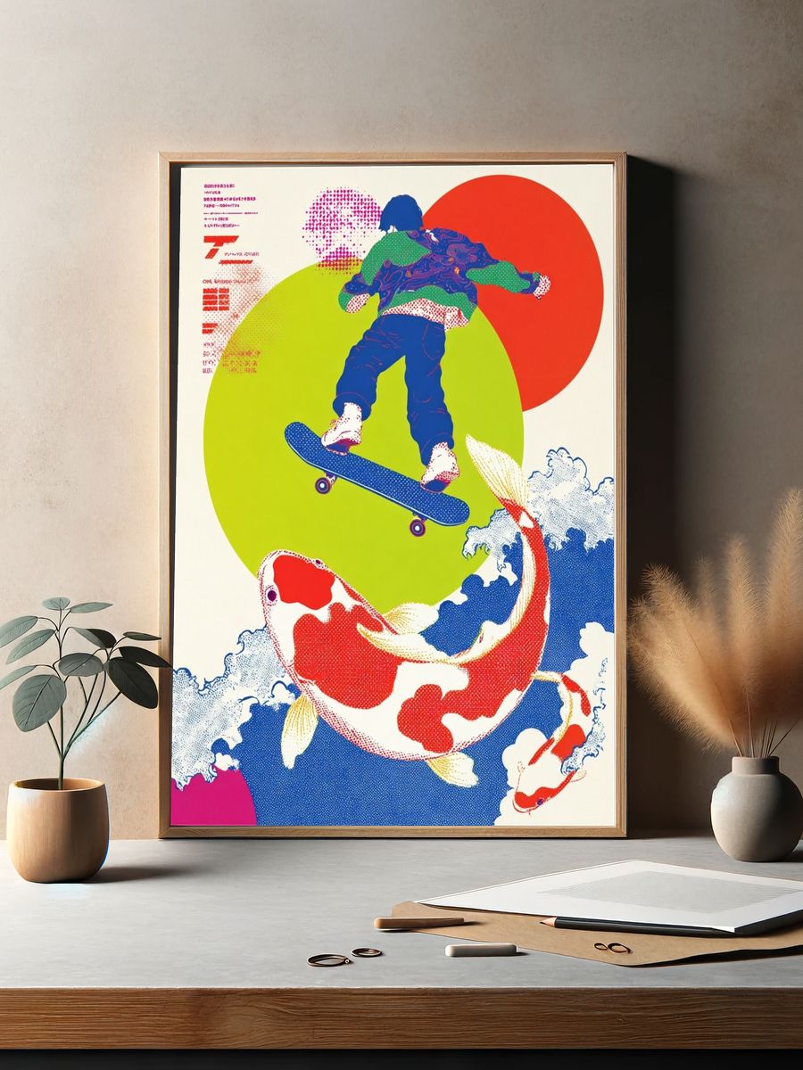 Skateboard and Koi Pop Art Poster. — room view 2