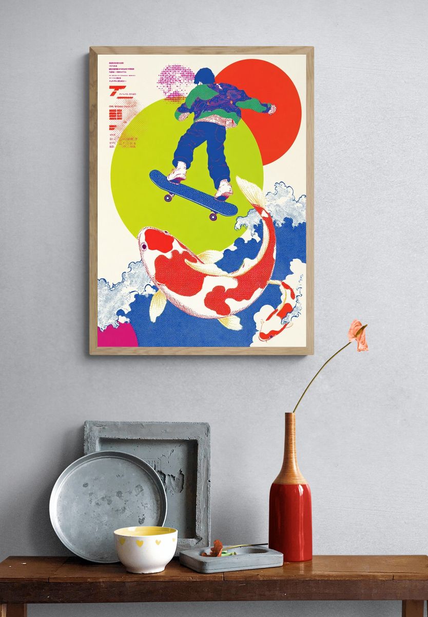 Skateboard and Koi Pop Art Poster. — room view 3