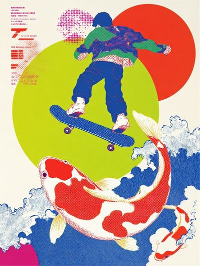 Skateboard and Koi Pop Art Poster. poster print