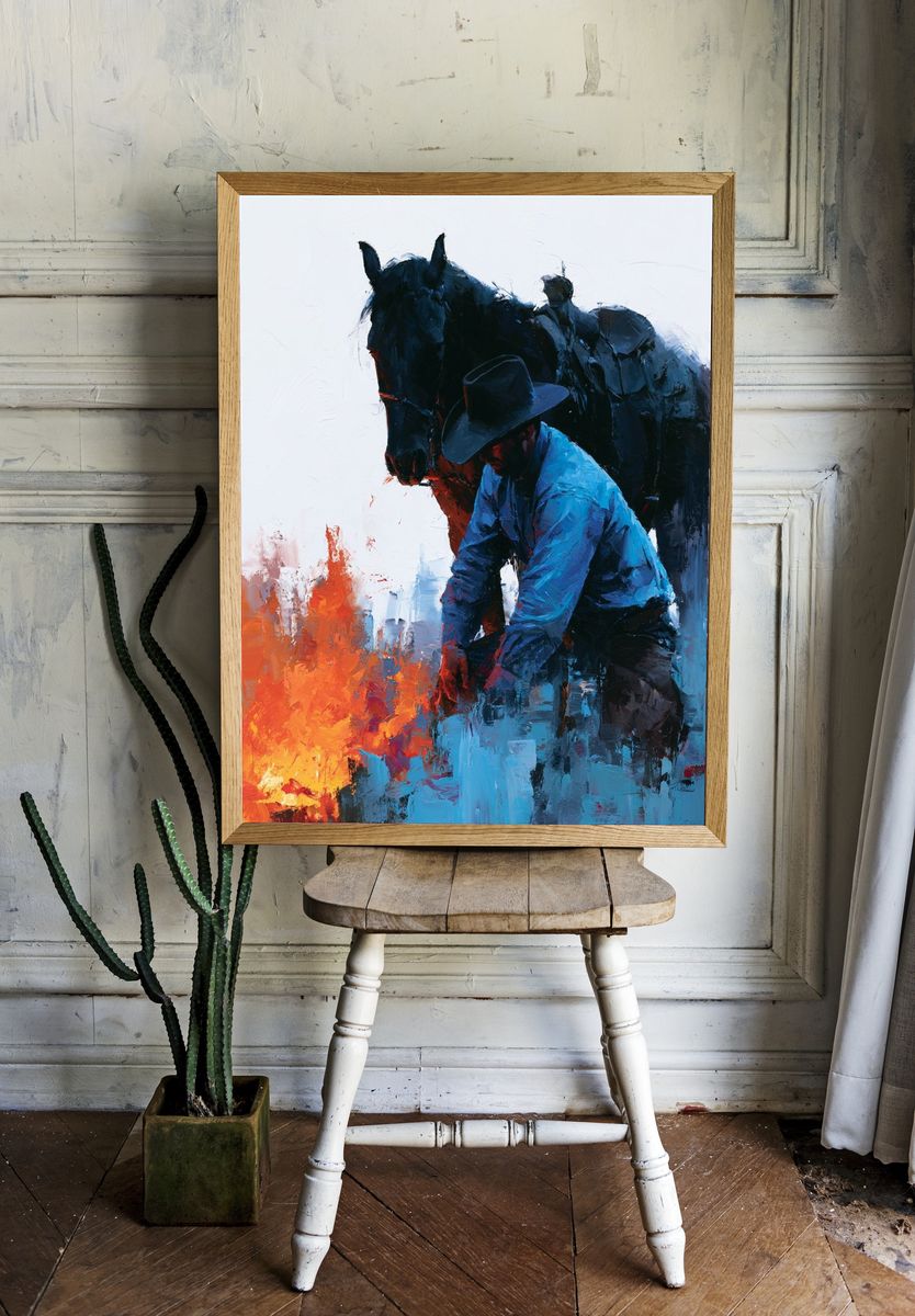 Cowboy and Horse Painting Poster. — room view 1