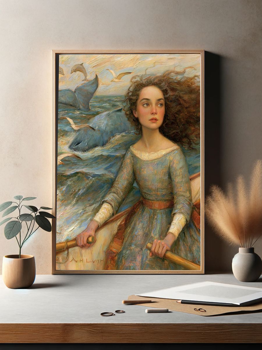Seaside Girl with Dolphins Fine-Art Print. — room view 2