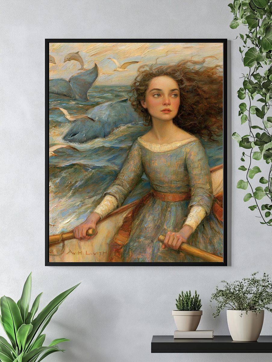 Seaside Girl with Dolphins Fine-Art Print. — room view 4
