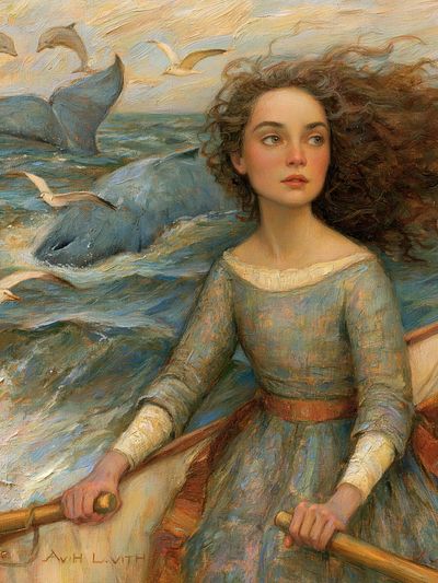 Seaside Girl with Dolphins Fine-Art Print.