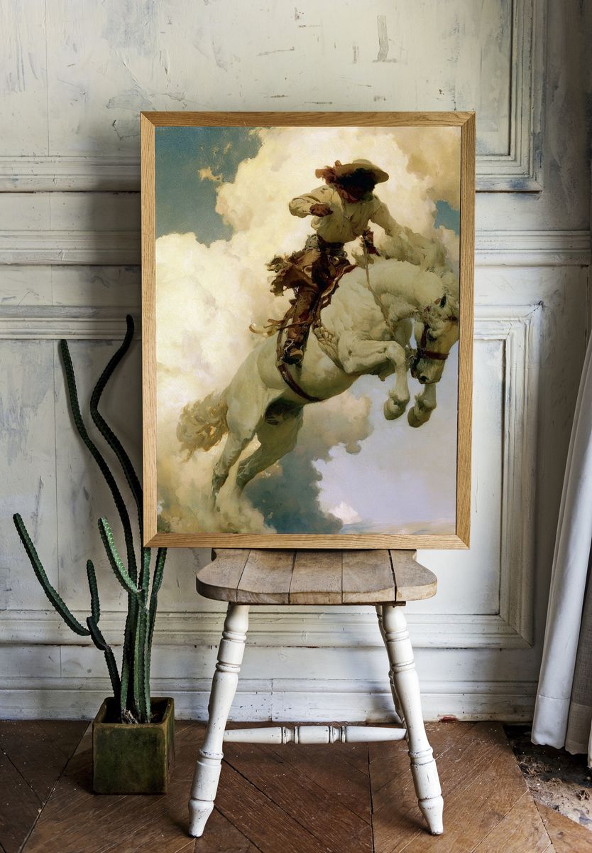 Cowboy on White Horse Fine-Art Print. room preview
