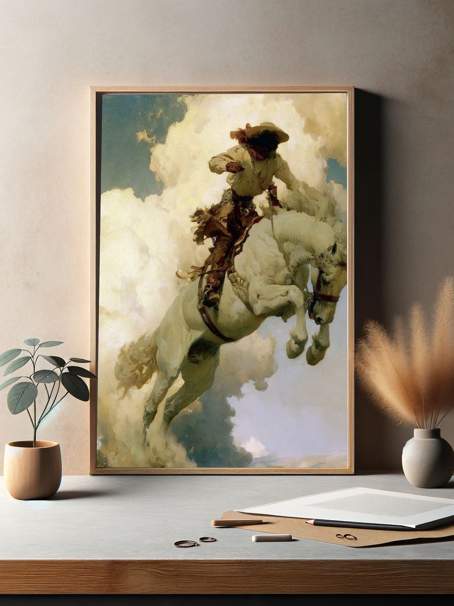 Cowboy on White Horse Fine-Art Print. — room view 2