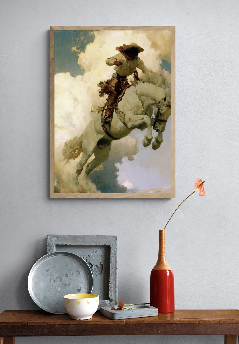 Cowboy on White Horse Fine-Art Print. — room view 3