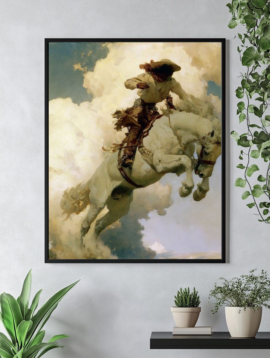 Cowboy on White Horse Fine-Art Print. — room view 4
