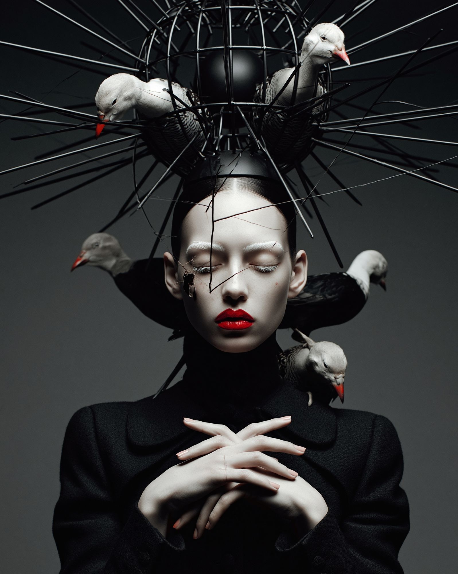Surreal Bird Crown Portrait Print. poster detail