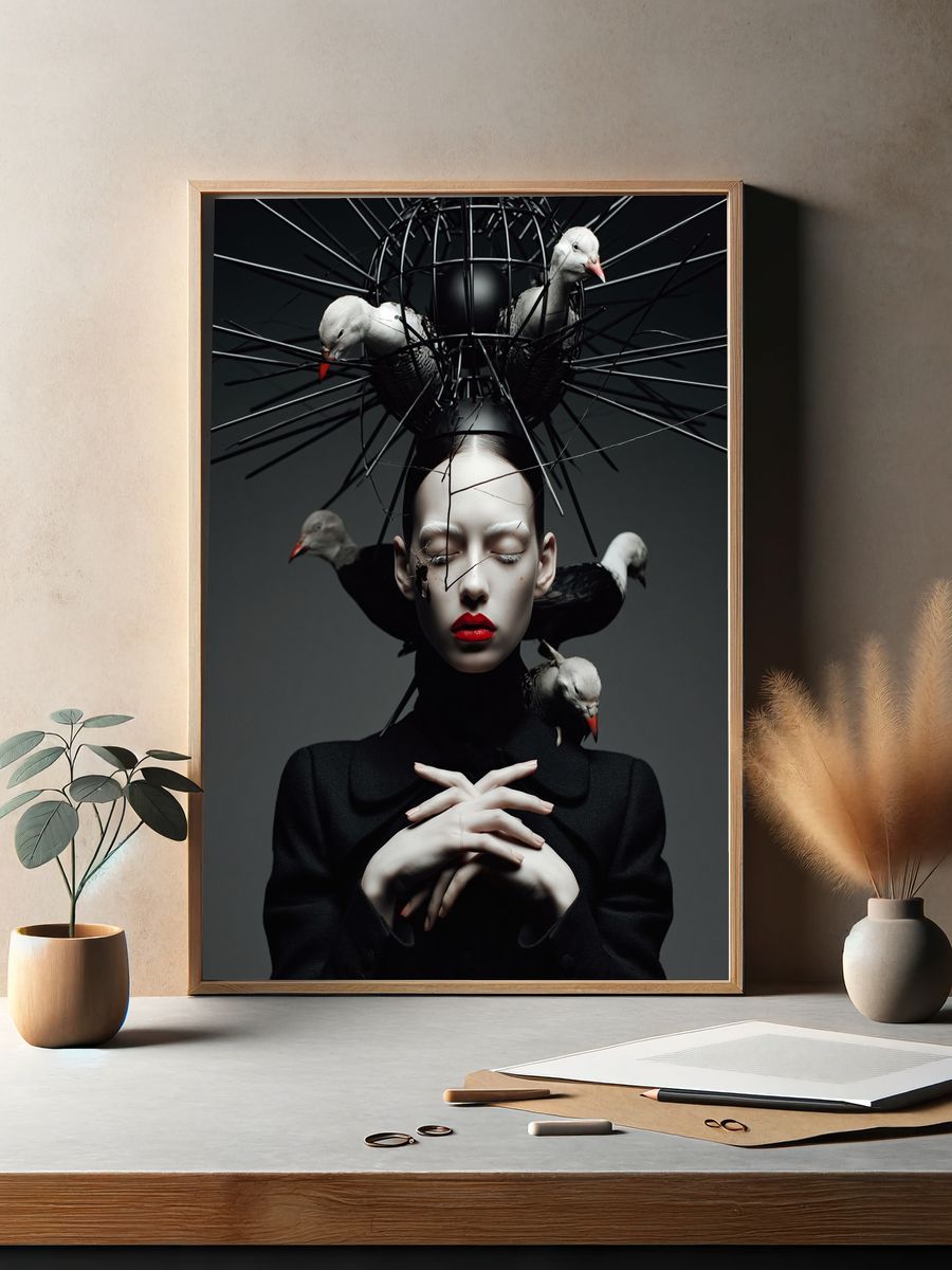 Surreal Bird Crown Portrait Print. — room view 2