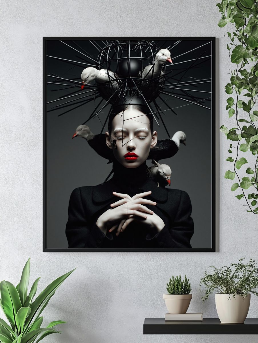 Surreal Bird Crown Portrait Print. — room view 4