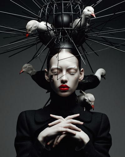 Surreal Bird Crown Portrait Print.