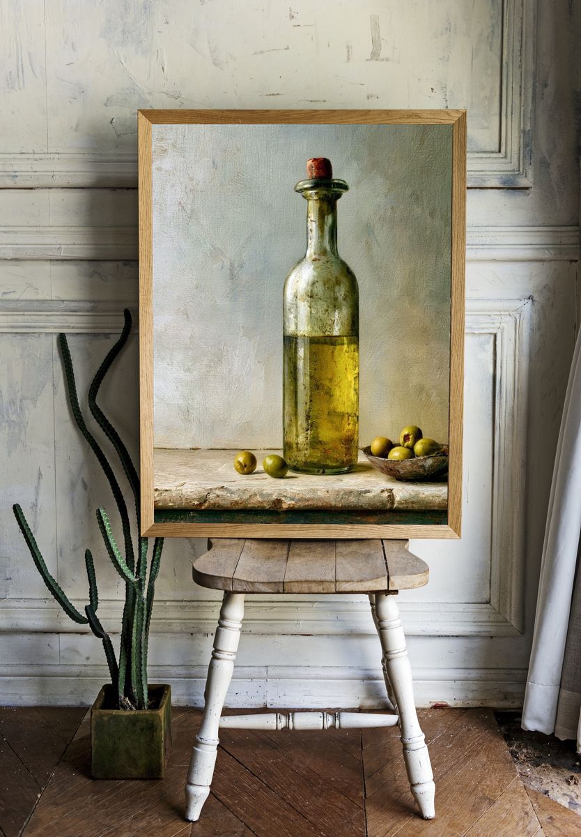 Olive Bottle Still Life Print. room preview