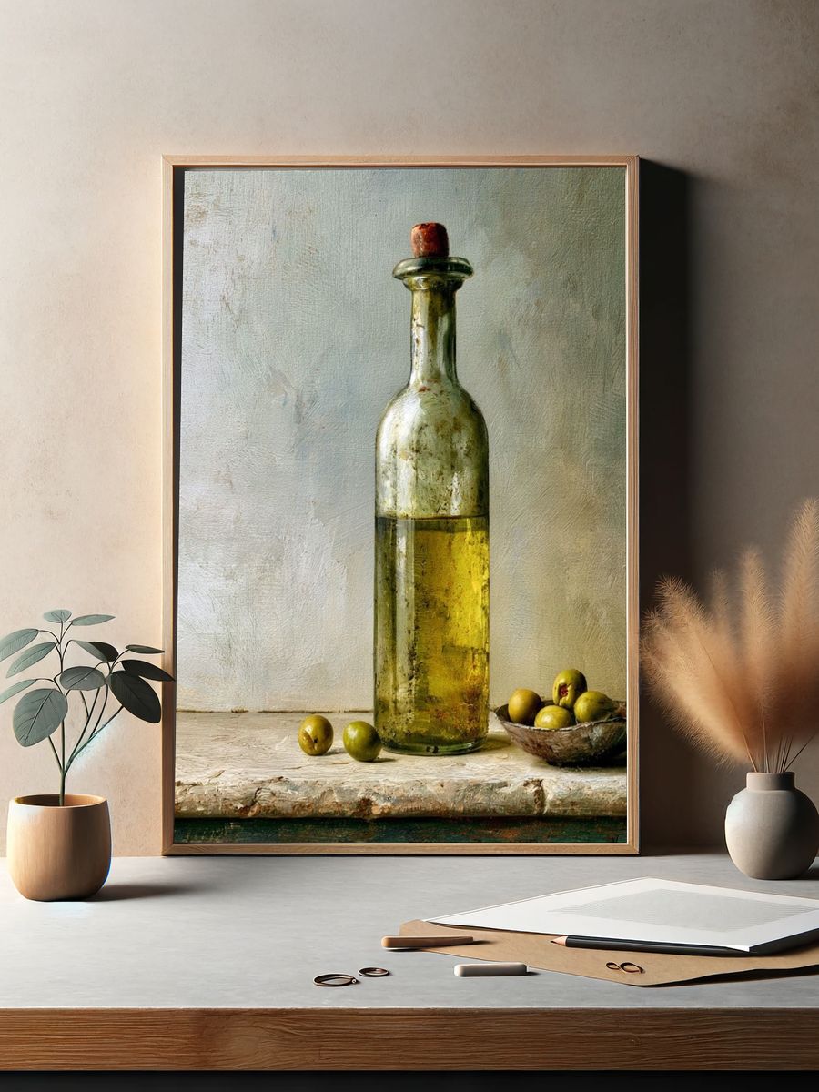 Olive Bottle Still Life Print. — room view 2