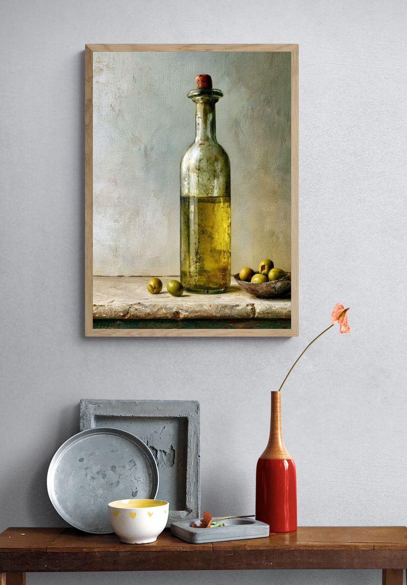 Olive Bottle Still Life Print. — room view 3