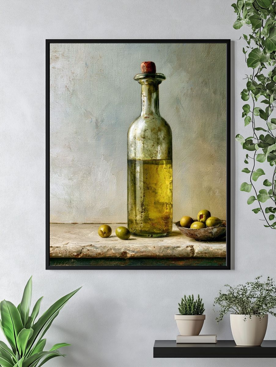 Olive Bottle Still Life Print. — room view 4