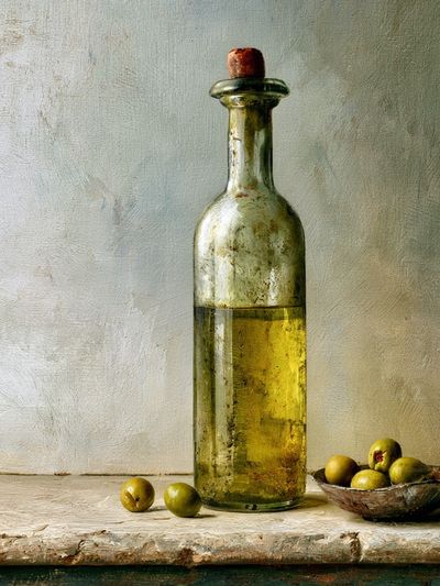 Olive Bottle Still Life Print. poster