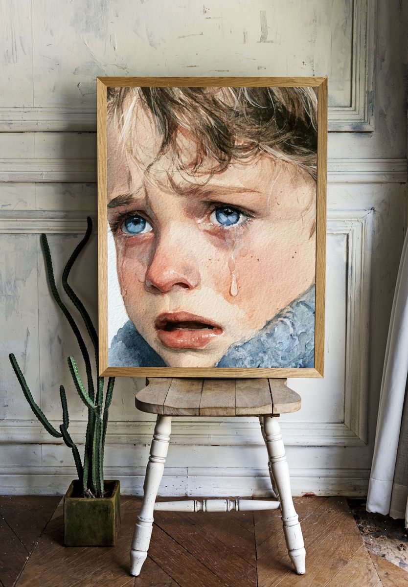 Crying Child Watercolor Portrait Print. room preview